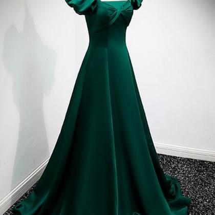 Green A-line Long Formal Dress With Puffy Sleeves