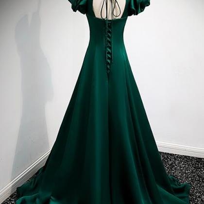 Green A-line Long Formal Dress With Puffy Sleeves