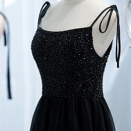 Black A-line Beaded Tulle Long Formal Dress