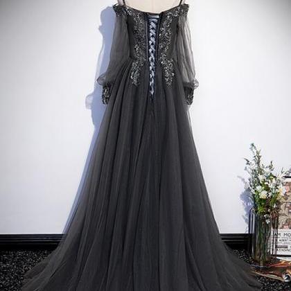 Grey Tulle A-line Long Formal Dress With Long..