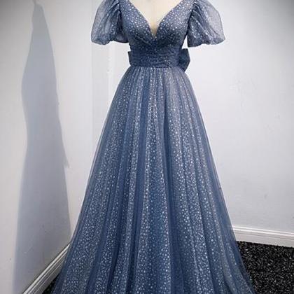 Princess Blue A-line Polk Dots Bow Long Prom Dress