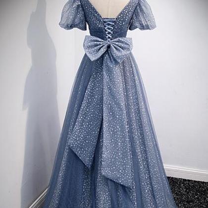 Princess Blue A-line Polk Dots Bow Long Prom Dress
