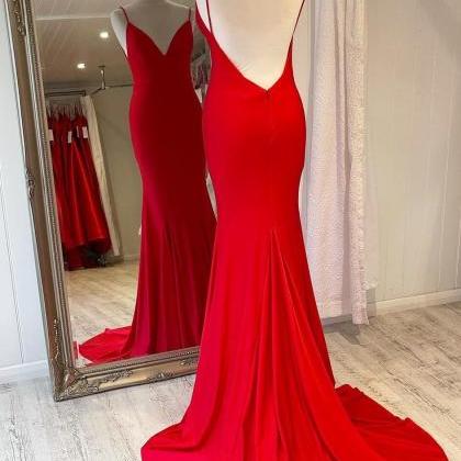 Simple Red Mermaid Open Back Long Party Dress