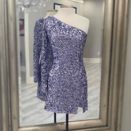 Short Lavender Sequined Party Dress With Long..
