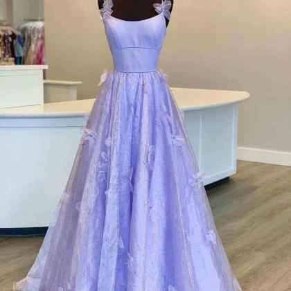 A-line Spaghetti Straps Lavender Floral Prom Dress