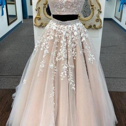 Two Pieces Tulle Long Prom Dresses With Appliques..