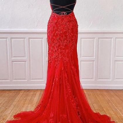 Red Tulle Long Prom Dresses With Appliques And..