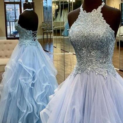 Halter Neck Tulle Long Prom Dresses With..