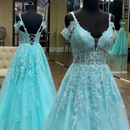 Tulle Long Prom Dresses with Appliq..