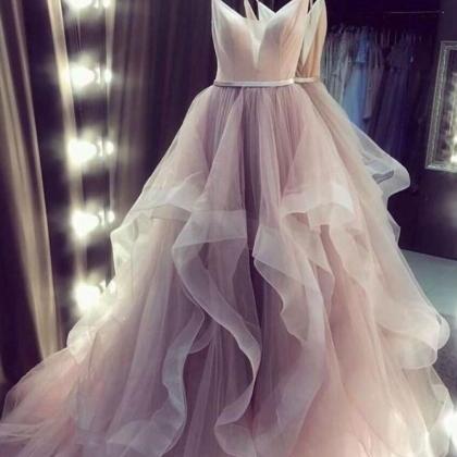 V-neck Tulle Ball Gown Long Prom Dresses