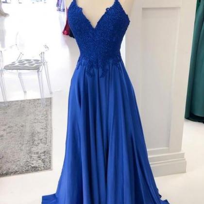 V-neck A-line Long Prom Dresses With Appliques And..