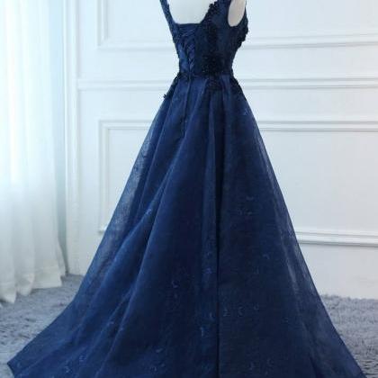 V-neck Lace Long Prom Dresses with ..