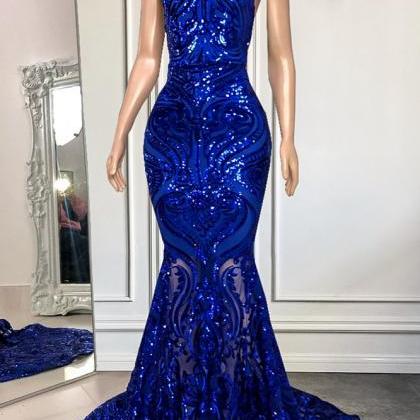 Fabulous Royal Blue Spaghetti-straps Sequins Prom..
