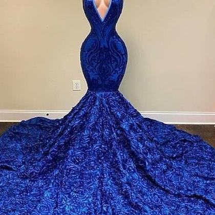 Royal Blue Halter Sleeveless Sequins Prom Dress..
