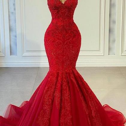 Modern Red Sleeveless Mermaid Prom Dress With..