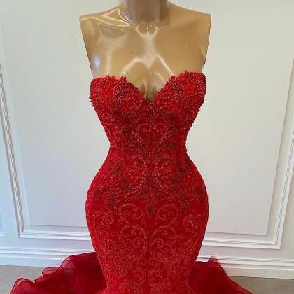 Modern Red Sleeveless Mermaid Prom Dress With..