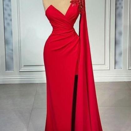 Gorgeous V-neck Red One Shoulder Ruffle Prom Dress..