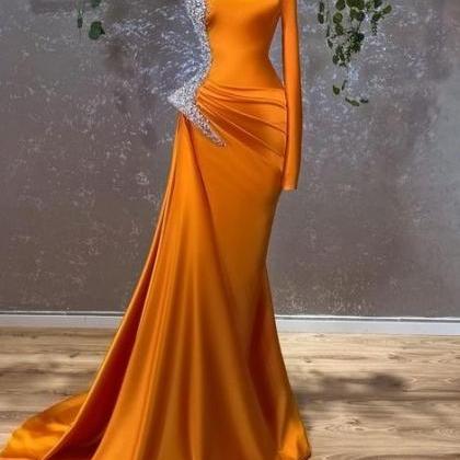 Modern Burnt Orange Long Sleeves Mermaid Prom..