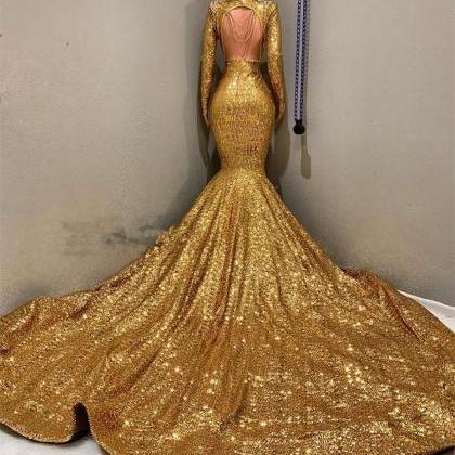 Gorgeous Gold Sequins Long Sleeves Prom Dress..