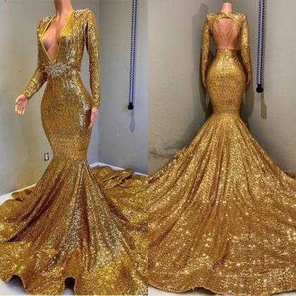 Gorgeous Gold Sequins Long Sleeves Prom Dress..