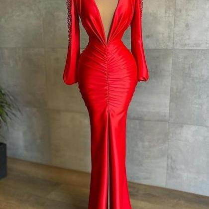 Classic Deep V-neck Red Mermaid Prom Dress Long..