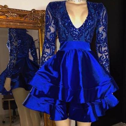 Long Sleevess Royal Blue Sequins Prom Dress Short..