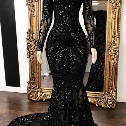 Black Long Sleeves Mermaid Sequins Prom Dress..