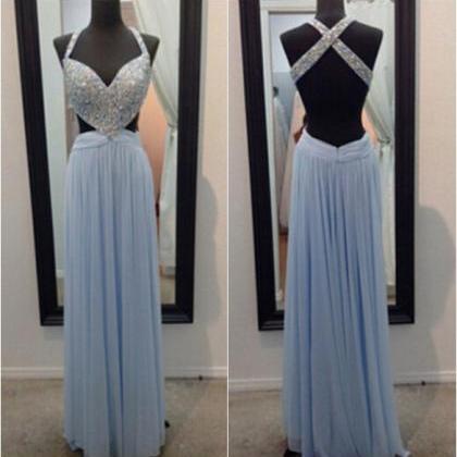 A-line Long Blue Chiffon Prom Dresses Formal Gowns..