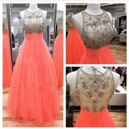 Long Orange Tulle Beaded A-line Prom Dress Party..