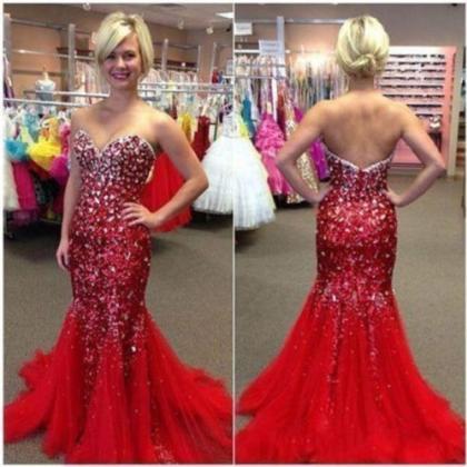 Red Tulle Long Beaded Crystals Sweetheart Mermaid..