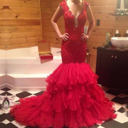 Tiered Long Party Prom Dresses 2016 Red V-neck..