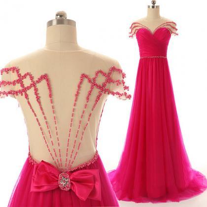 Long Pink Beaded Cap Sleeves Prom Party Dresses..