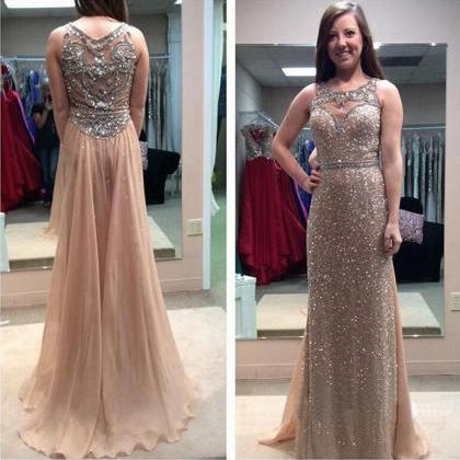 Long Gold Sequins See Through A-line Prom Party..