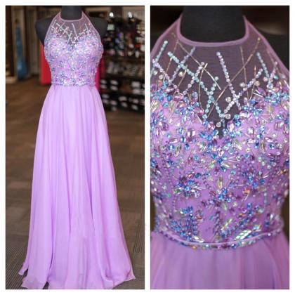 Long Beaded A-line Lilac Chiffon Prom Party..