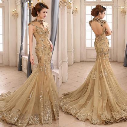 Long Backless Champagne Party Prom Dresses..