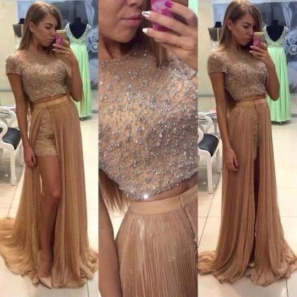 2 Piece Beaded Long Prom Dresses With Short..