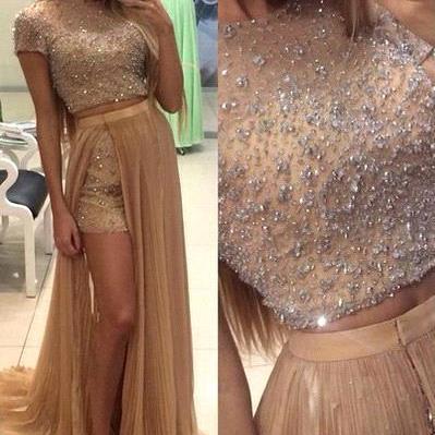 2 Piece Beaded Long Prom Dresses With Short..