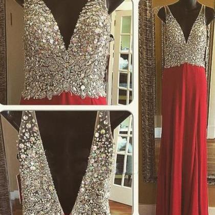 Long Red Chiffon Beaded Crystals Prom Party..