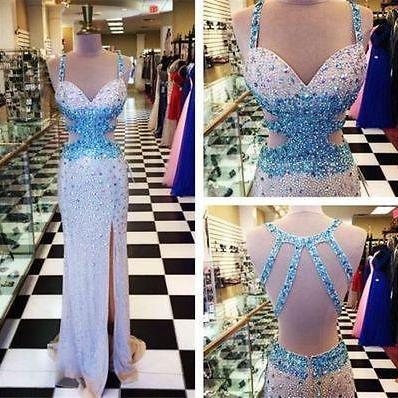 Sexy Long High Slit Beaded Crystals Backless Prom..