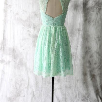 Short Keyhole Back Mint Lace Bridesmaid Dress