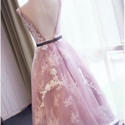 Short V-back Lace Wedding Dress,tea Length Lace..