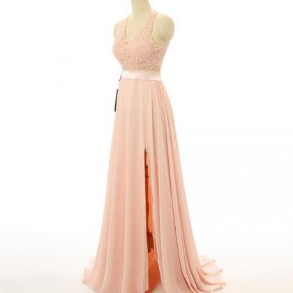 Halter Neckline Lace Slit Prom Dress,open Back..