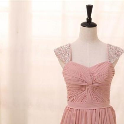 Beaded Cap Sleeves Prom Dress, Blush Pink..