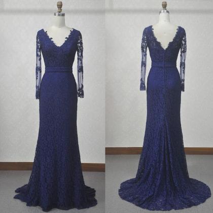 Royal Blue Lace Prom Dress,long Sleeves Lace Prom..