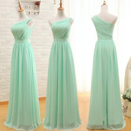 Light Green Ruched Chiffon One-shoulder Floor..