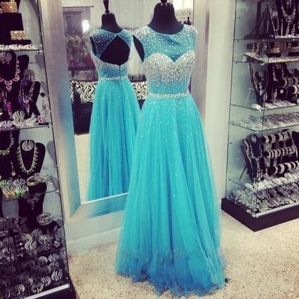 A-line Tulle Beaded Open Back Prom Dress,blue..