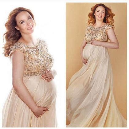 Prom Dresses Sexy A-line Champagne Beads Pregnant..