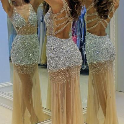 Prom Dresses Sexy Mermaid Champagne Beads Crystals..