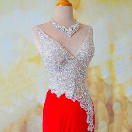 Sexy Red Prom Dresses V Neck Shining Crystal Open..
