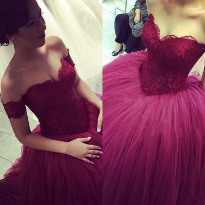 Burgundy Evening Ball Gowns Sweetheart Lace..